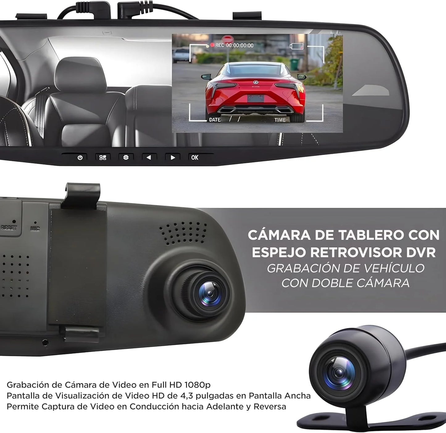 Espejo Retrovisor con Cámaras Full HD Delantera y Trasera